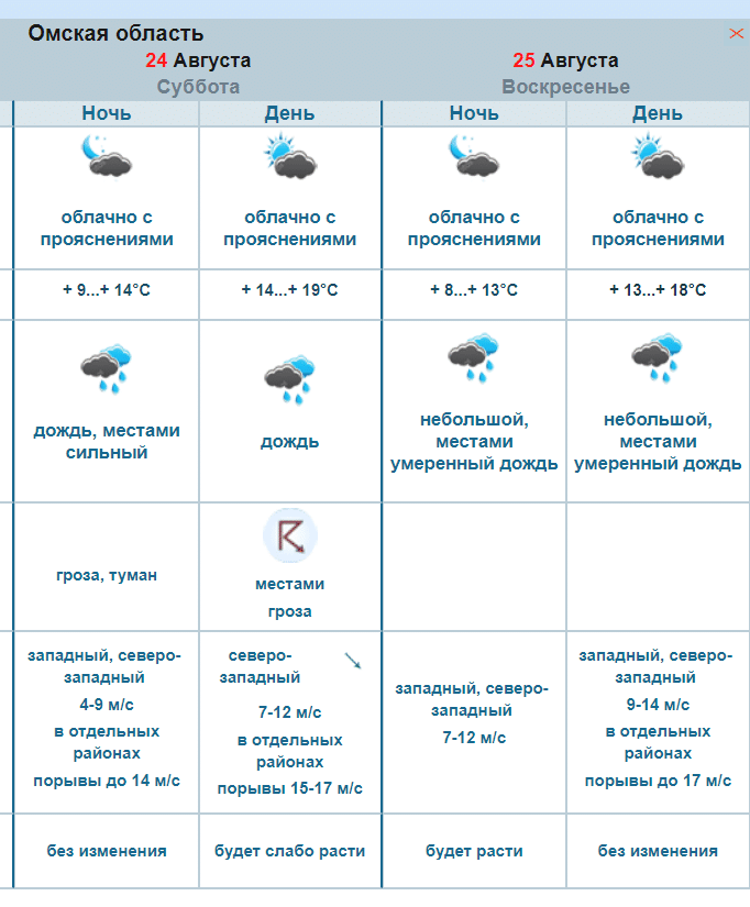 Омичей на этих выходных ждёт похолодание до +13 с дождями и грозами