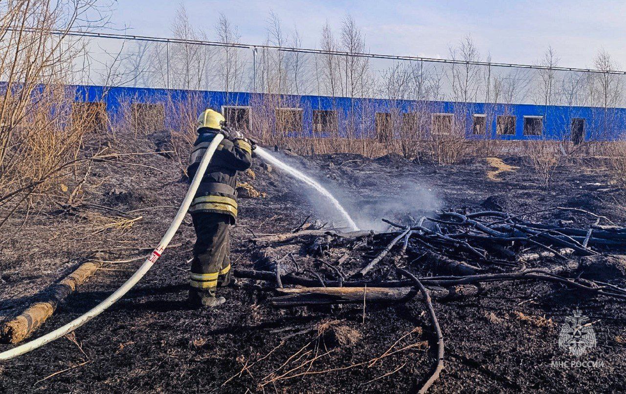 В омском поселке Светлый рядом с казармой загорелась трава