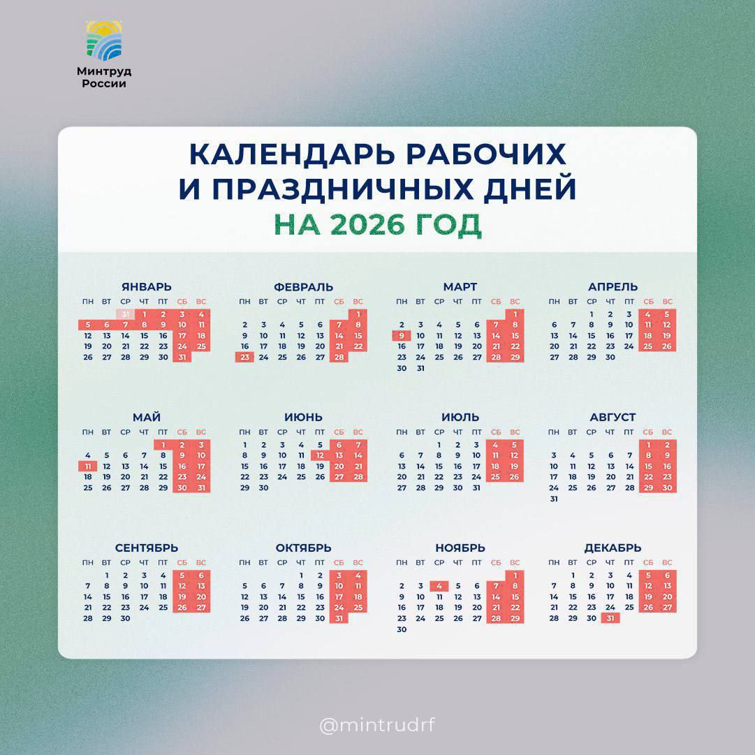 Минтруд опубликовал календарь праздничных дней в 2026 году. Как будем отдыхать